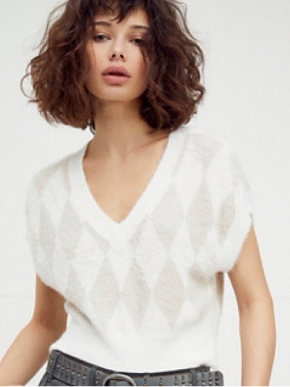 Free People White Diamond-Pattern V-Neck Sweater Vest